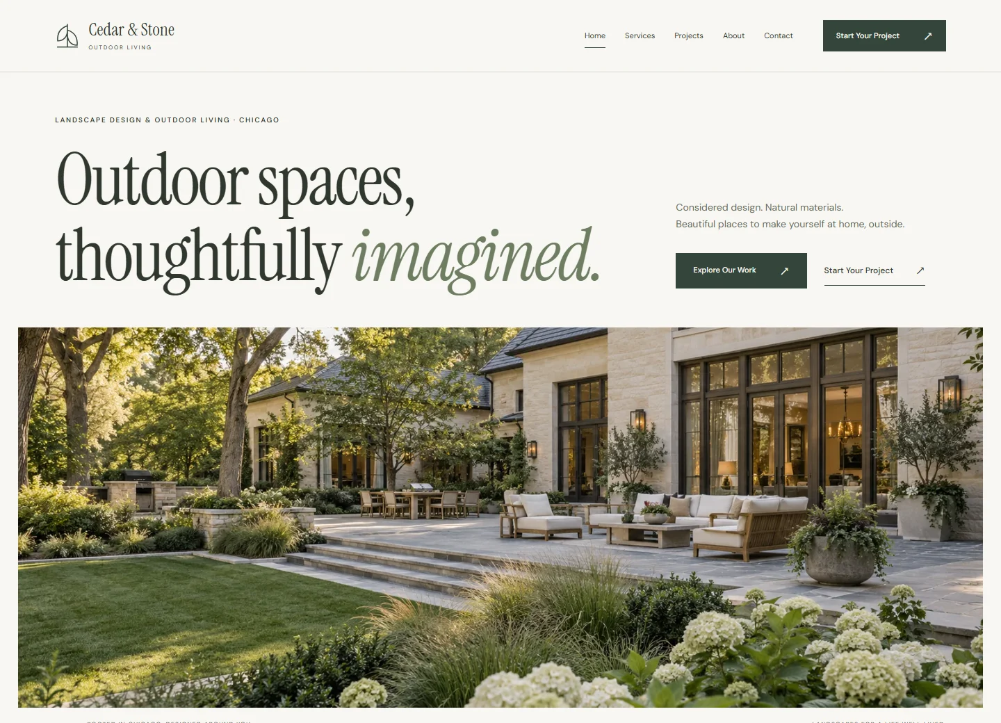 Cedar & Stone Outdoor Living website homepage — authentic desktop screenshot