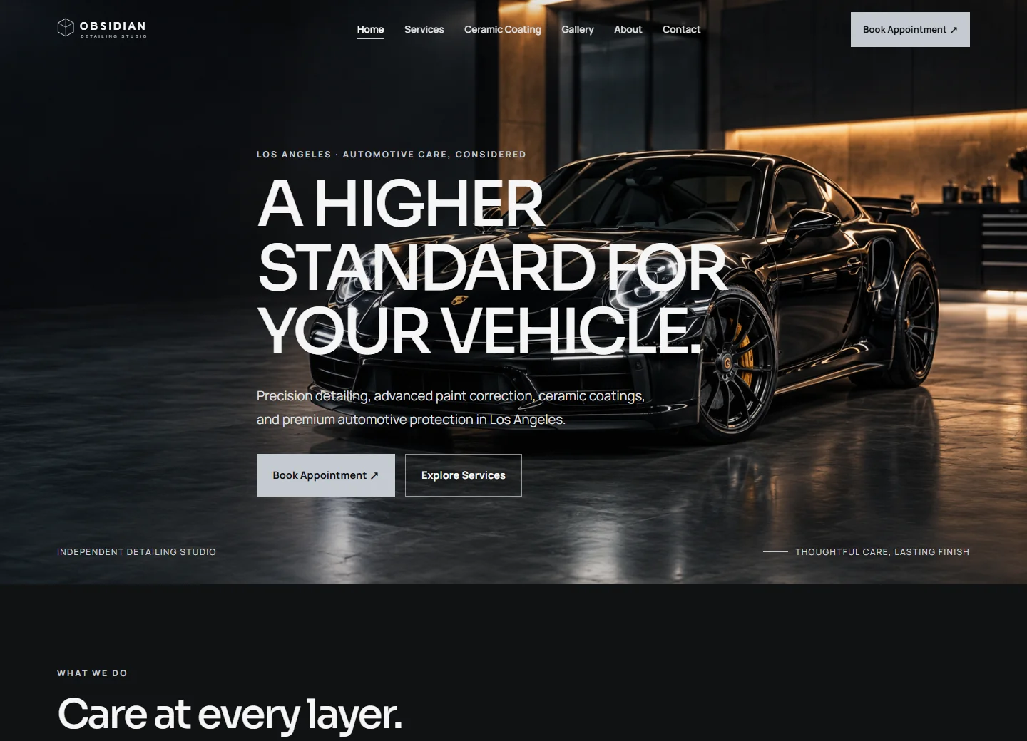 Obsidian Detailing Studio website homepage — authentic desktop screenshot